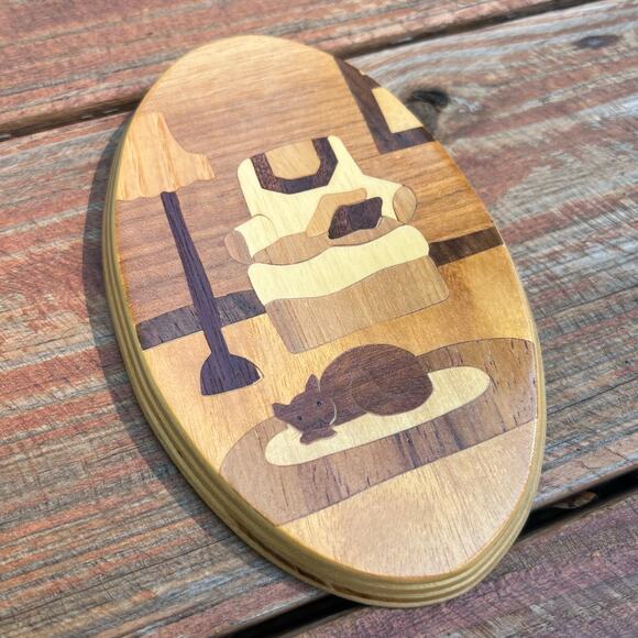Vintage 90s Round Mountain Woodworks Cat Inlay Wall Art 6x3.5 Handmade Wood Oval - Picture 4 of 11
